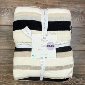 Docofil Queen Size Soft Blanket Cream Tan Black Striped Made in Portugal NEW